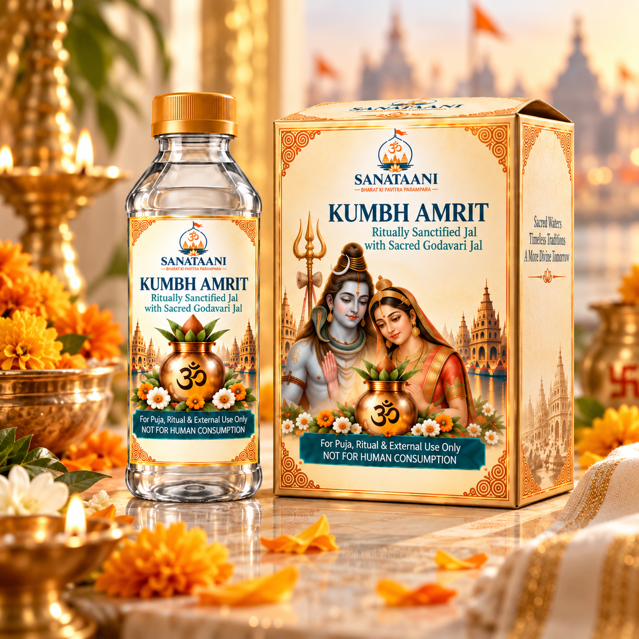 Kumbh Amrit bottle beside its printed gift box, with brass diyas and marigolds