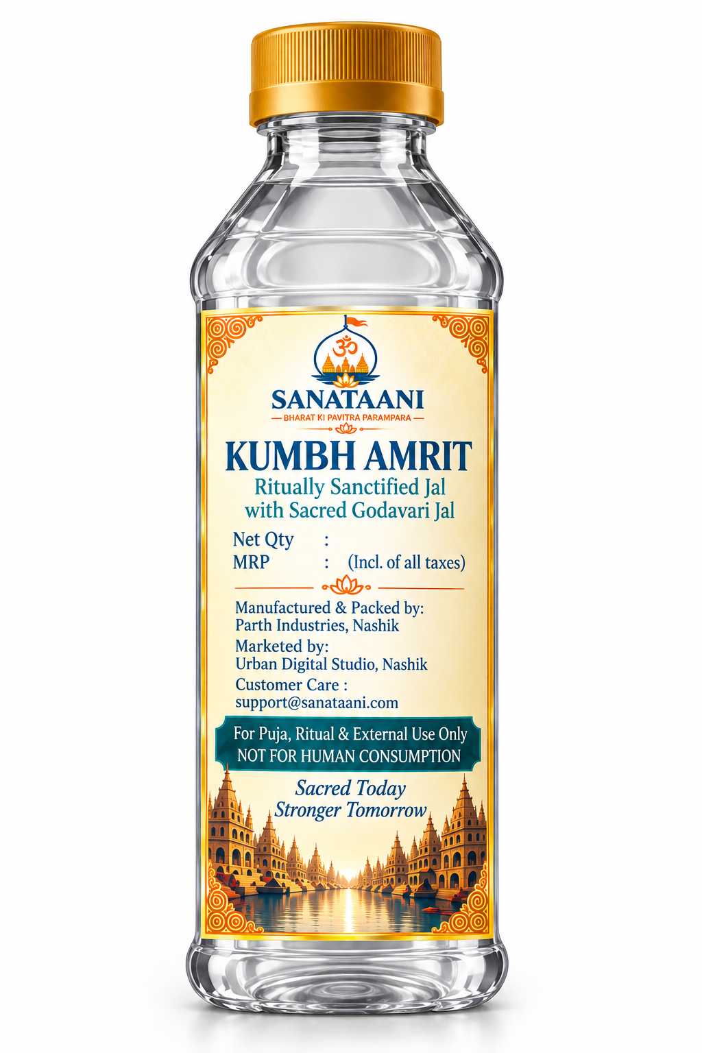 Kumbh Amrit bottle back label showing net quantity, MRP, manufacturer and customer care details