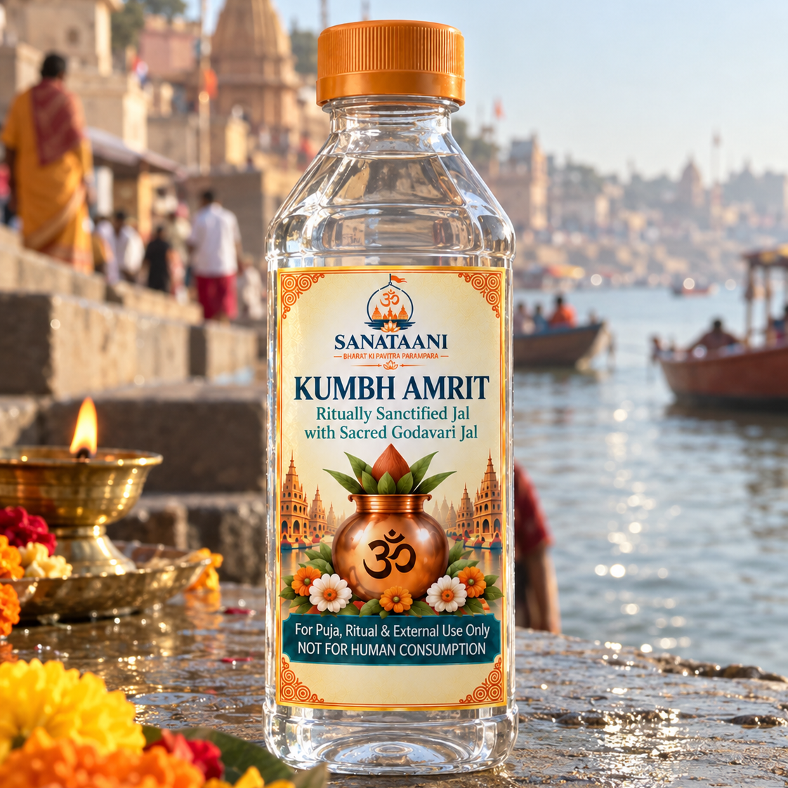 Kumbh Amrit bottle of Godavari jal on the ghat at sunrise