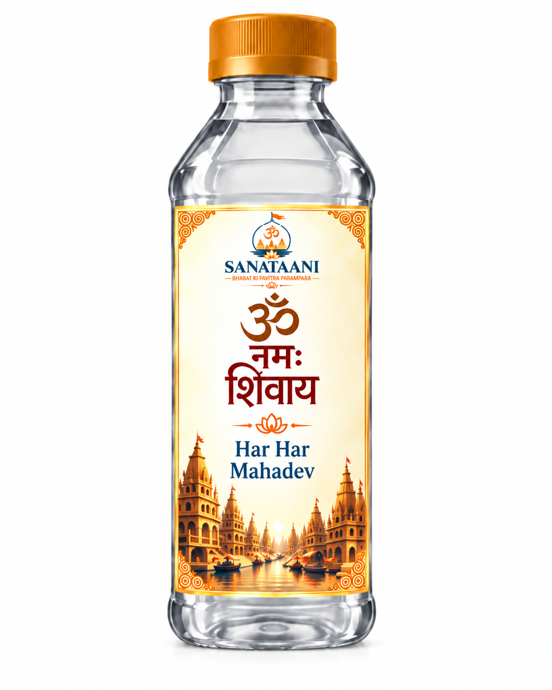 Kumbh Amrit bottle with the Om Namah Shivaya Har Har Mahadev label