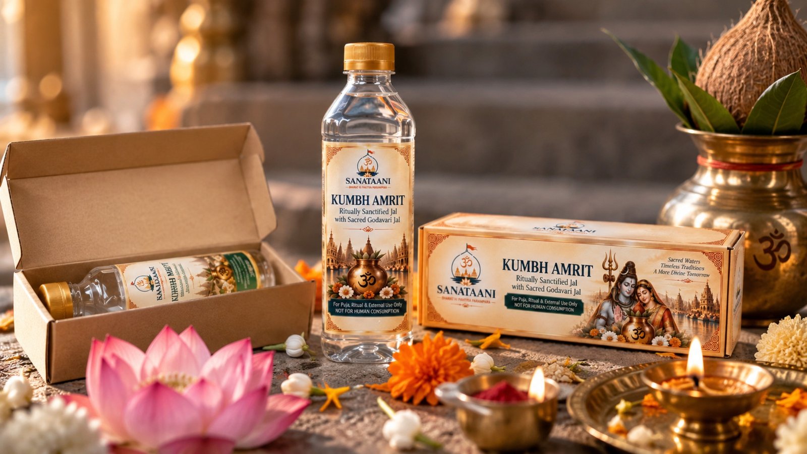 Kumbh Amrit bottle and gift box on temple steps with a brass kalash, lotus and lit diya